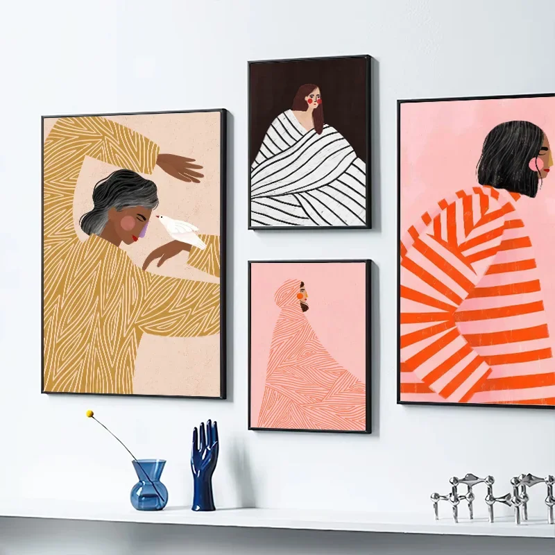 الانطباع شخصية المشارك فستان مخطط المرأة احتضان النبات حائط لوح رسم الفن الديكور مناسبة لغرفة نوم الحديقة