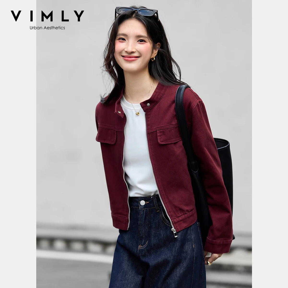 VIMLY Women's Red Denim Jacket Vintage Stand Neck Autumn 2025 Pure Cotton Long Sleeve Zip Up Short Coats Pleated Hem Tops A2568