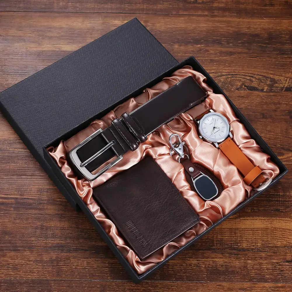 Fashion Creative Boutique Gift Set Beautifully Packaged Watch Leather Belt Wallet Keychain 4pcs/set Gifts for Men Drop Shipping