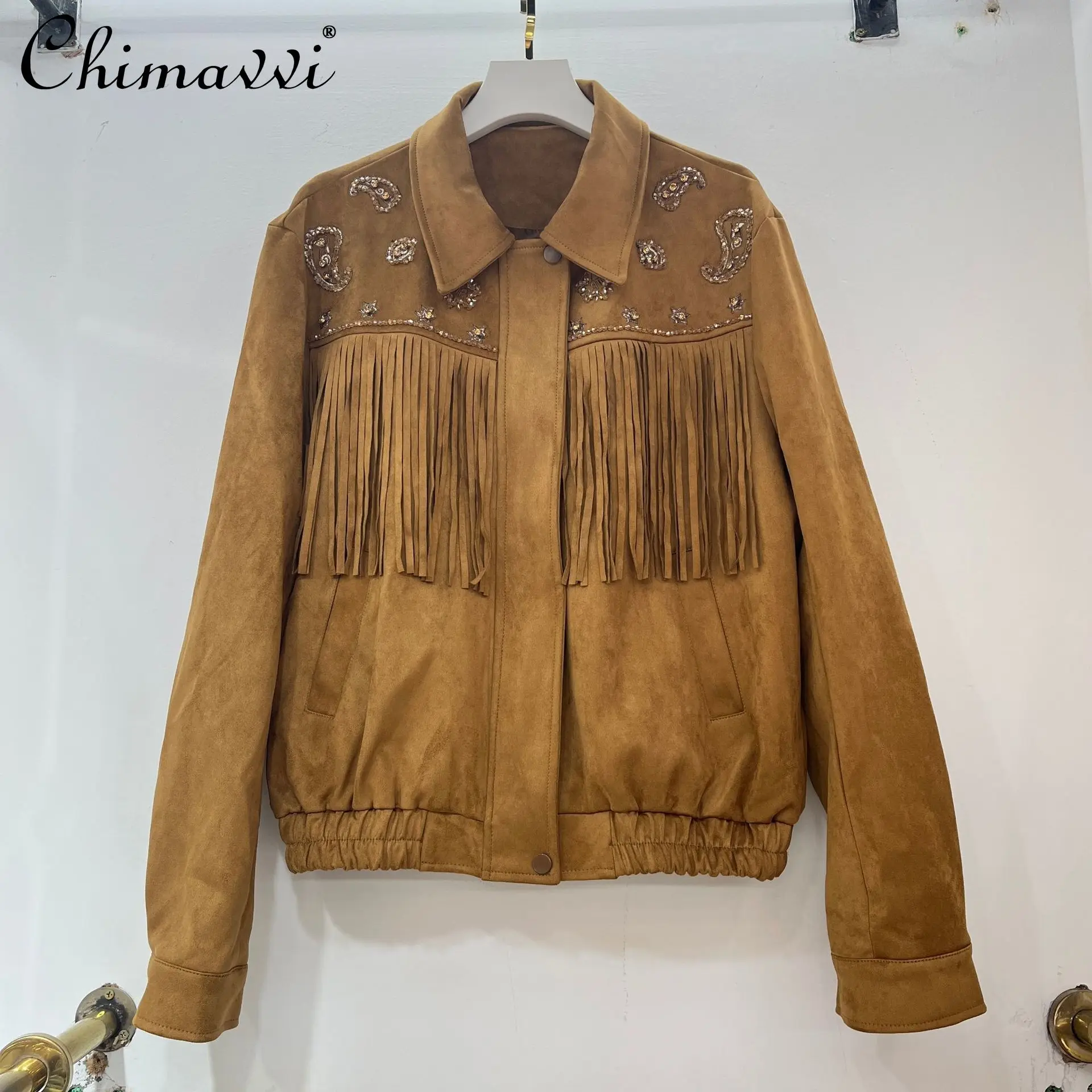 

American Style Fashion Retro Velvet Overcoats Tops Diamond Sequins Tassels Versatile Casual Short Jackets for Women Autumn 2025