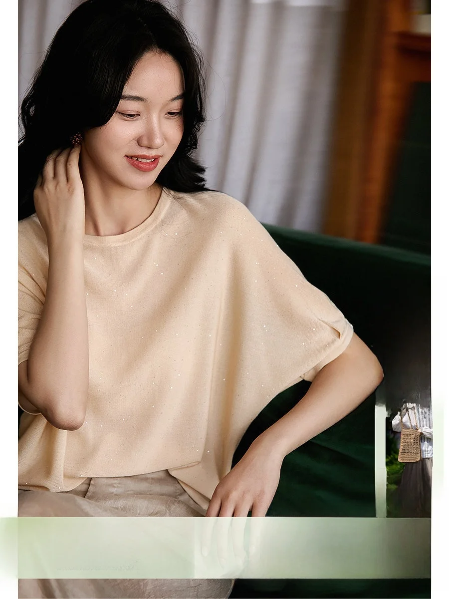 

Sequin Bling Batwing Top Loose Fit Summer New Sle Silk Lyocell Thin Women's Knitted Sweater Commute OL Faion