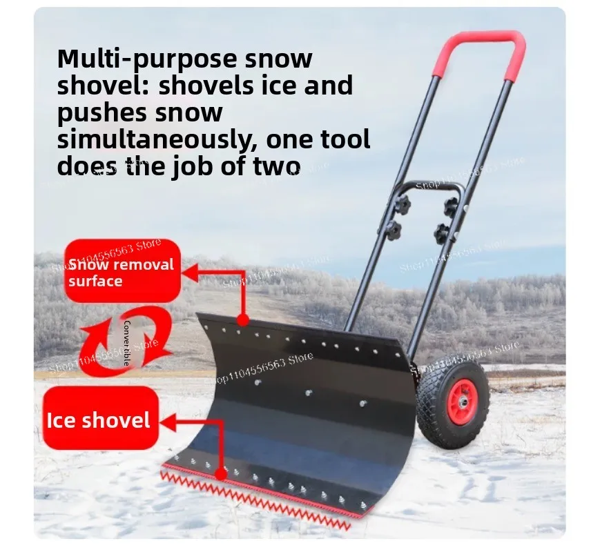 Wheeled Snow Pusher Shovel, Manganese Steel Thickened, Multi-Function Snow & Ice Removal Tool