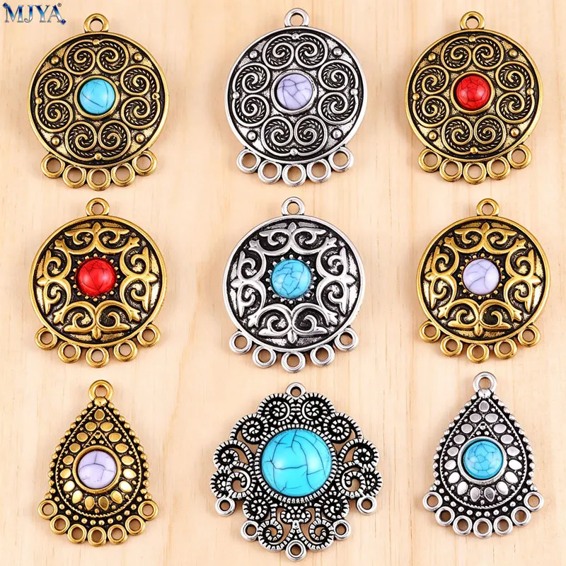 MJYA 5pcs Boho Ethnic Turquoise Charms Vintage Carved Flower Multi Loop Connector For DIY Tassel Jewelry Making Crafts Accessory