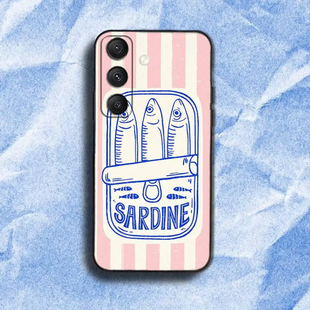 魚 F-Funny Sardines-S 電話ケース Samsung S25、S24、S21、S22、S23、S30、ウルトラ、S20、プラス、Fe、ライト、5G ブラックカバー用