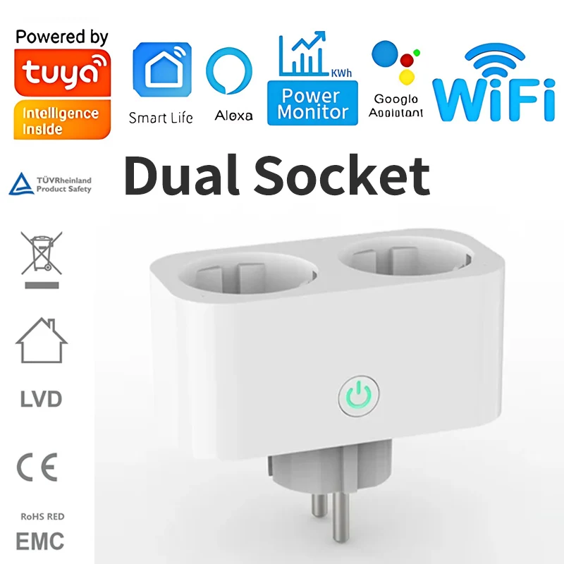 Tuya Smart Plug, European German Standard Voice-Controlled Wi-Fi Socket, Alexa/Google Home, Timer Remote Control, Energy Monitor