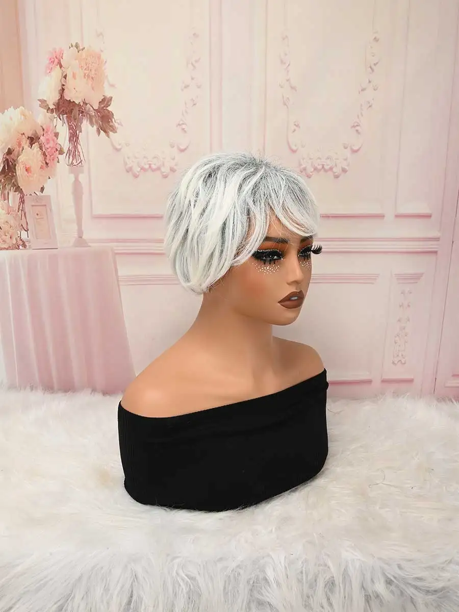 Grey White Mixed Short Layered Bob Synthetic Wig