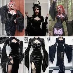 Gothic Women T-shirts Black Lace Long Sleeve Sexy Tees 2025 New Halloween Y2K Grunge Punk  Lolita Fairy Core Party Crop Tops