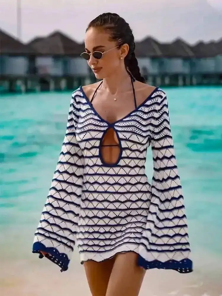 Vestido de punto sexy bohemio a rayas con cuello en V y manga acampanada, minivestido de verano 2026 para mujer, estilo A-Line, para vacaciones en la playa UNX8