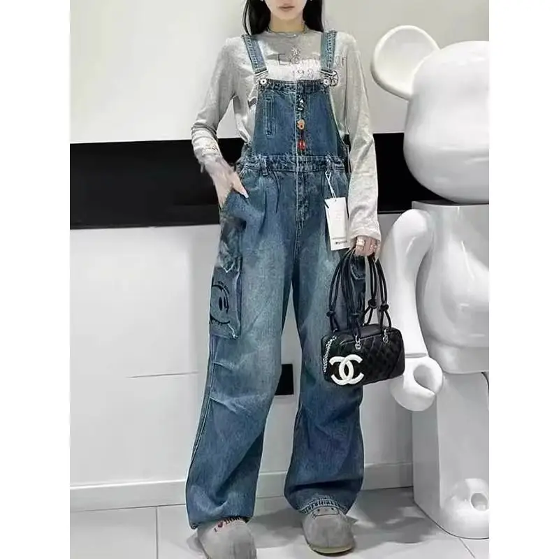 

New 2026 Summer Vintage Sweet Cool Mickey Print Denim Overalls for Women, Big Pockets, Wide Leg, Trendy Age-reducing Jumpsuits