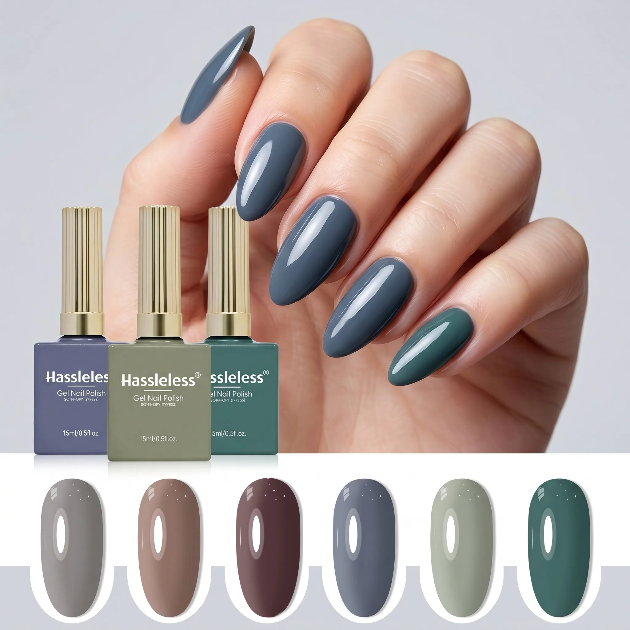 

Hassleless 6-Piece Nail Gel Set, 15ml per bottle, alcohol-free formula. Thick texture, formaldehyde-free, LED-cured, long-lastin