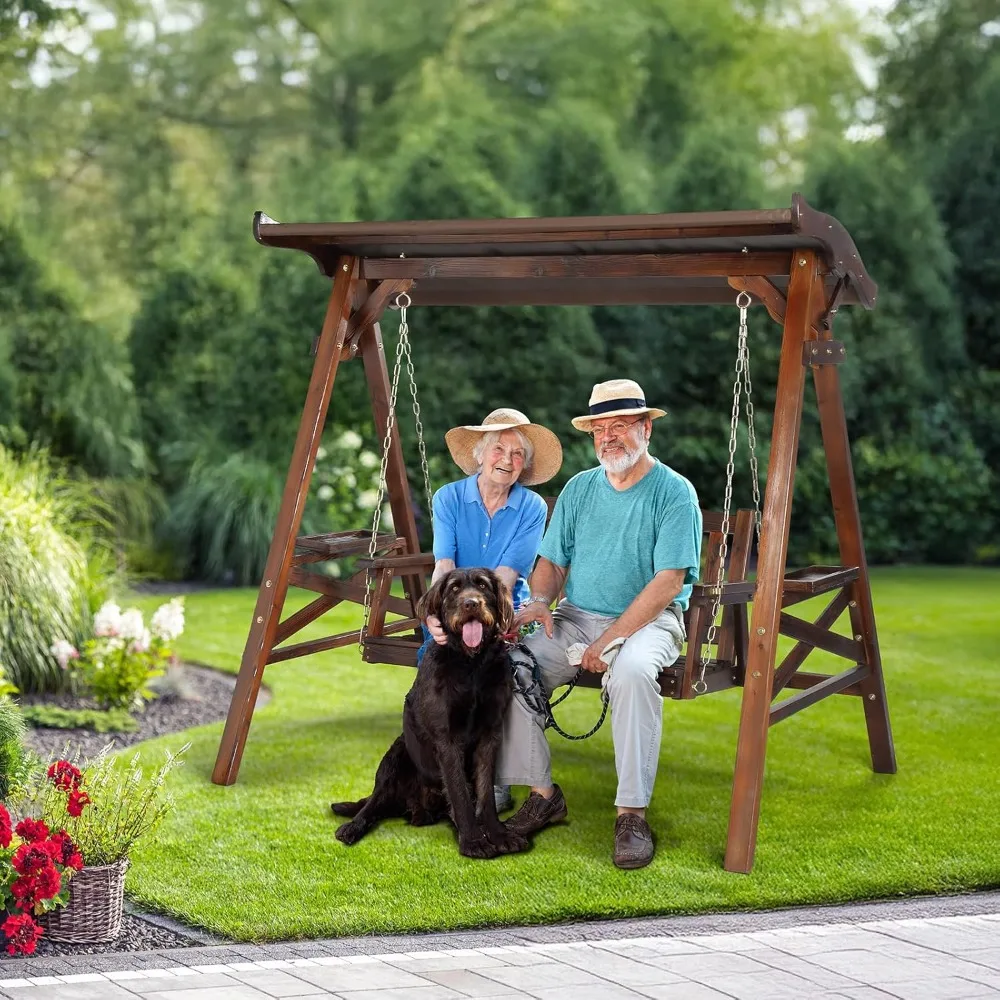 Porch Swing with Stand, Waterproof Patio Swing with Cup Holder, Outdoor Swing Set, Customized