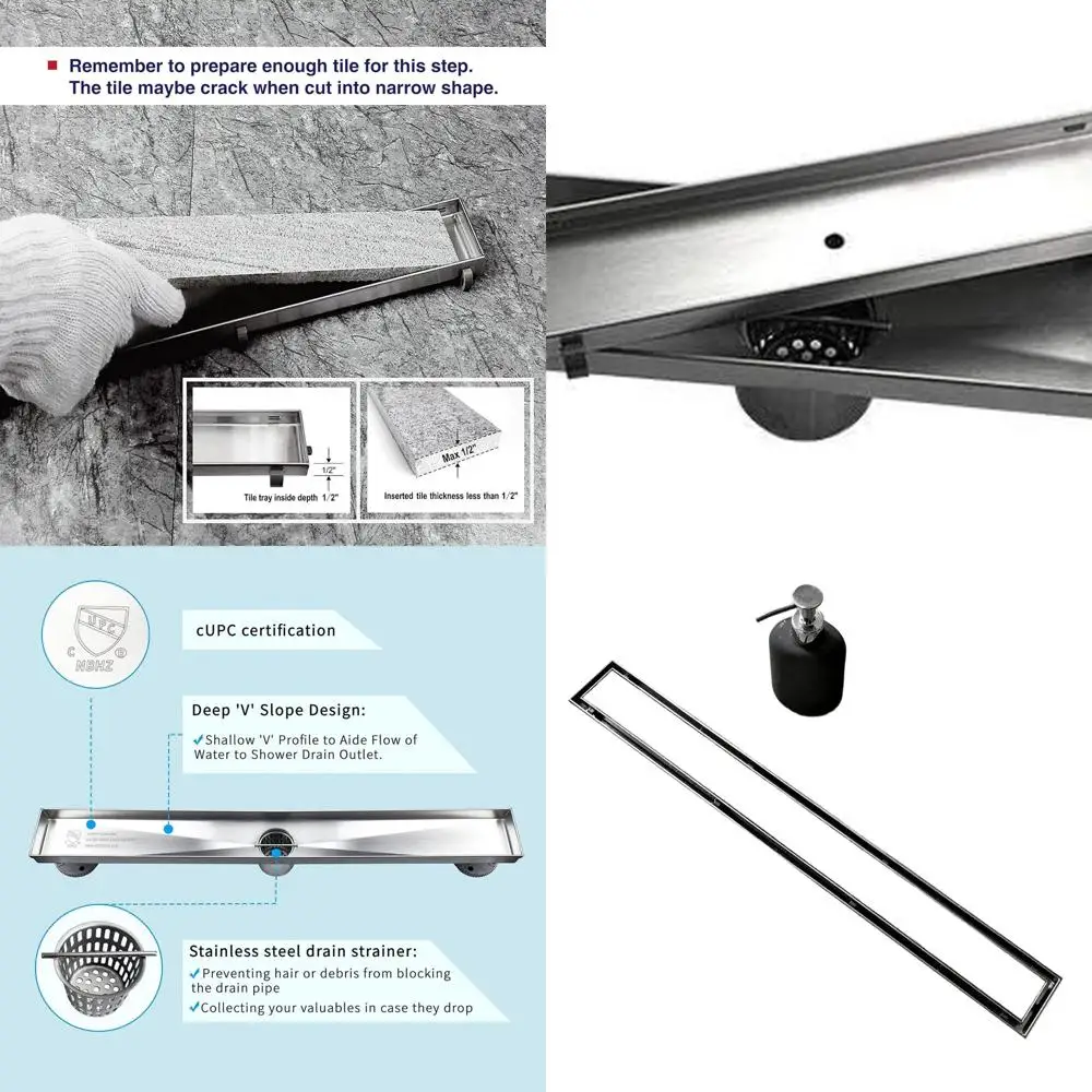 

24 Brushed Stainless Steel Linear Shower Drain with Tile Insert and Hair Catcher