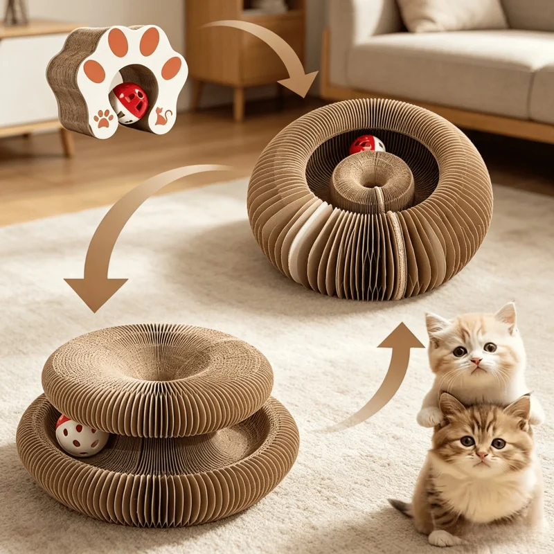 Faltbarer Katzenkratzer mit Glocke & Katzenminze, Mehrstufiges Karton-Spielzeug zum Krallenwetzen und Spielen für Kätzchen