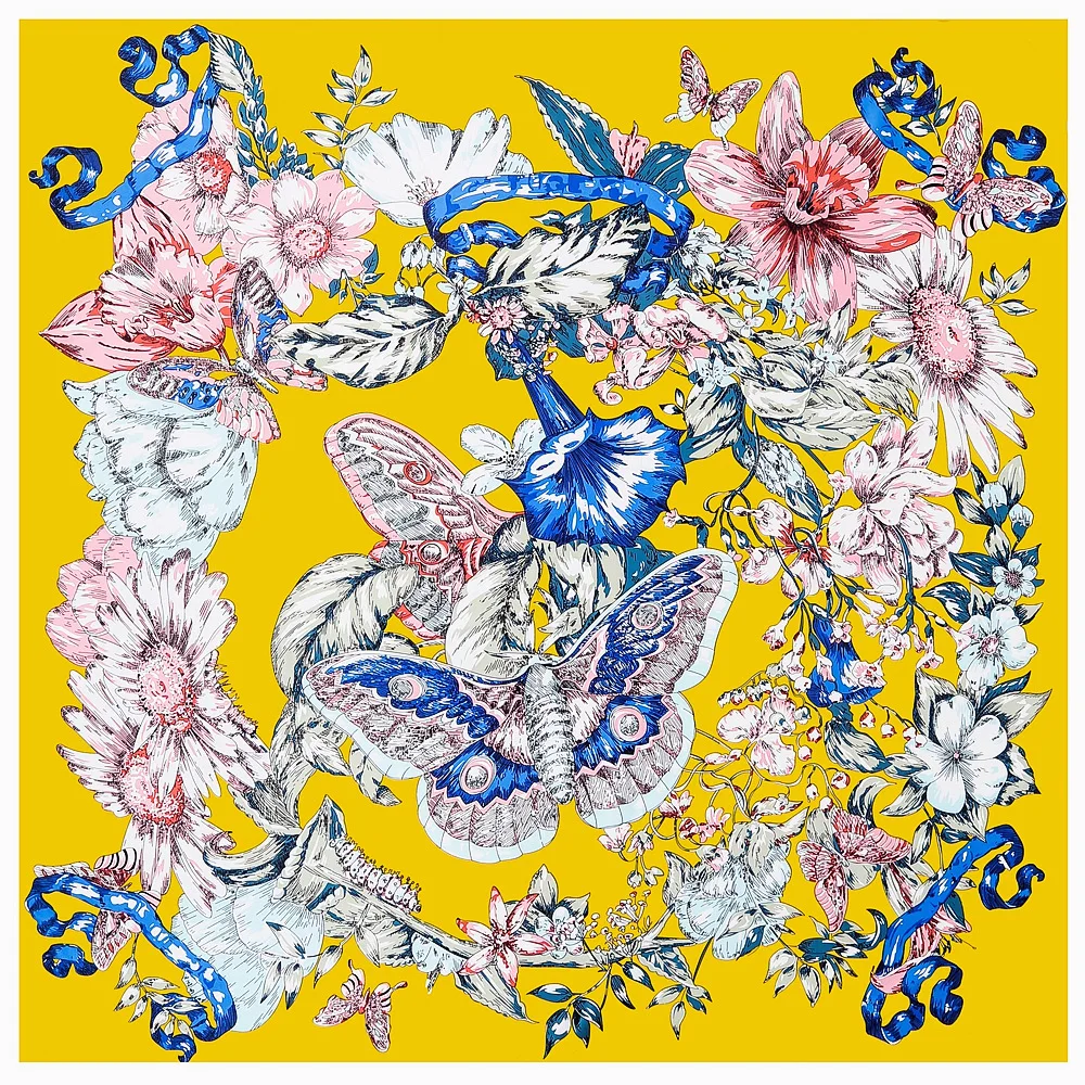 

Шелковый платок из твила с принтом бабочек и цветов, квадратный платок, женская бандана, шаль, люксовый брендовый фулярд, шарфы-накидки для женщин, 130 см