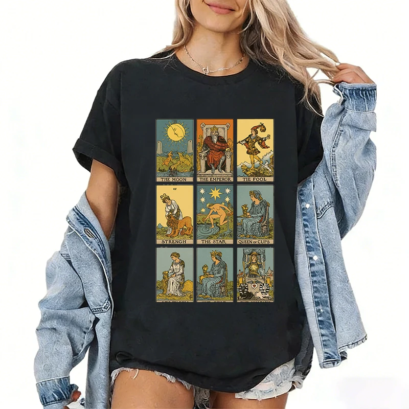 Tarot Rider-Waite Tarot Shirt Women TShirt Mujer Camisa Mysterious Constellation Card Moon Star Foolish Tarot Queen T Shirt