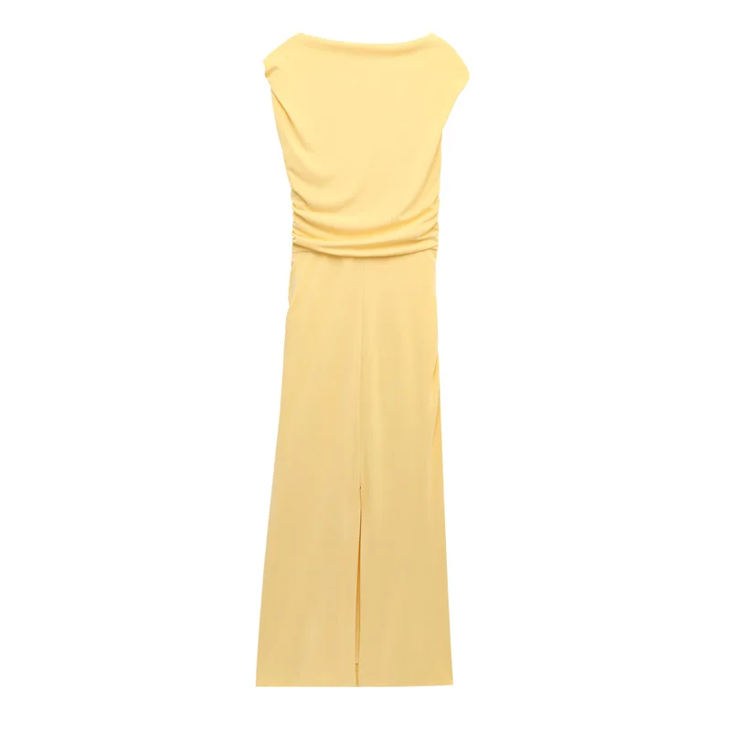 HXAO Yellow Women's Dress Sleeveless Asymmetrical Long Dresses Women Ruched Bodycon Party Dresses Woman Slit Elegant Midi Dress