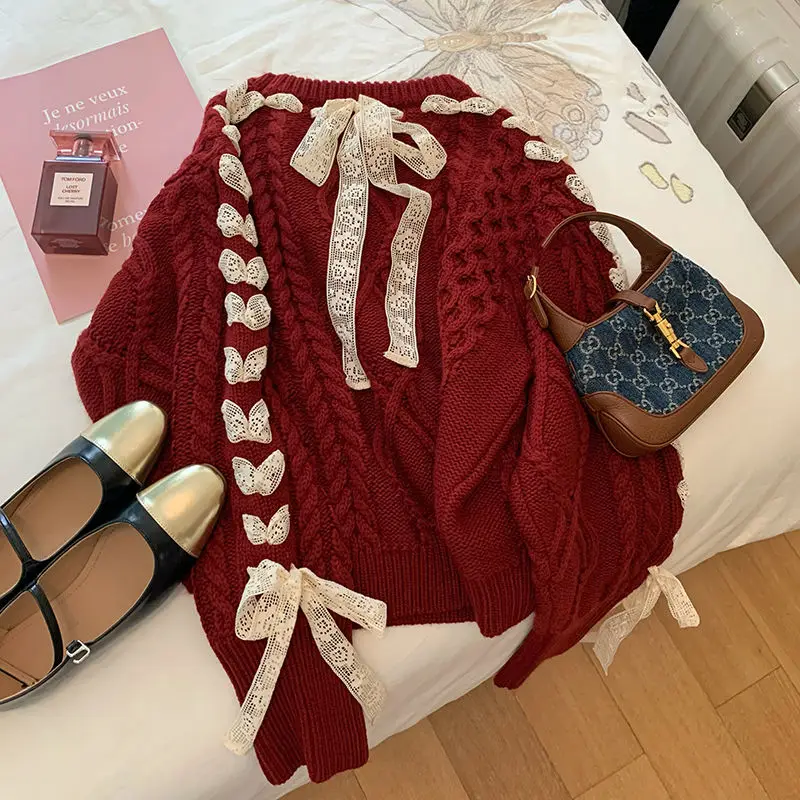 Red Sweaters Chic Lace-up Pullovers for Women Hot Sweet Girls Knitted Autumn Winter Stylish Aesthetic Clothes Versatile Female