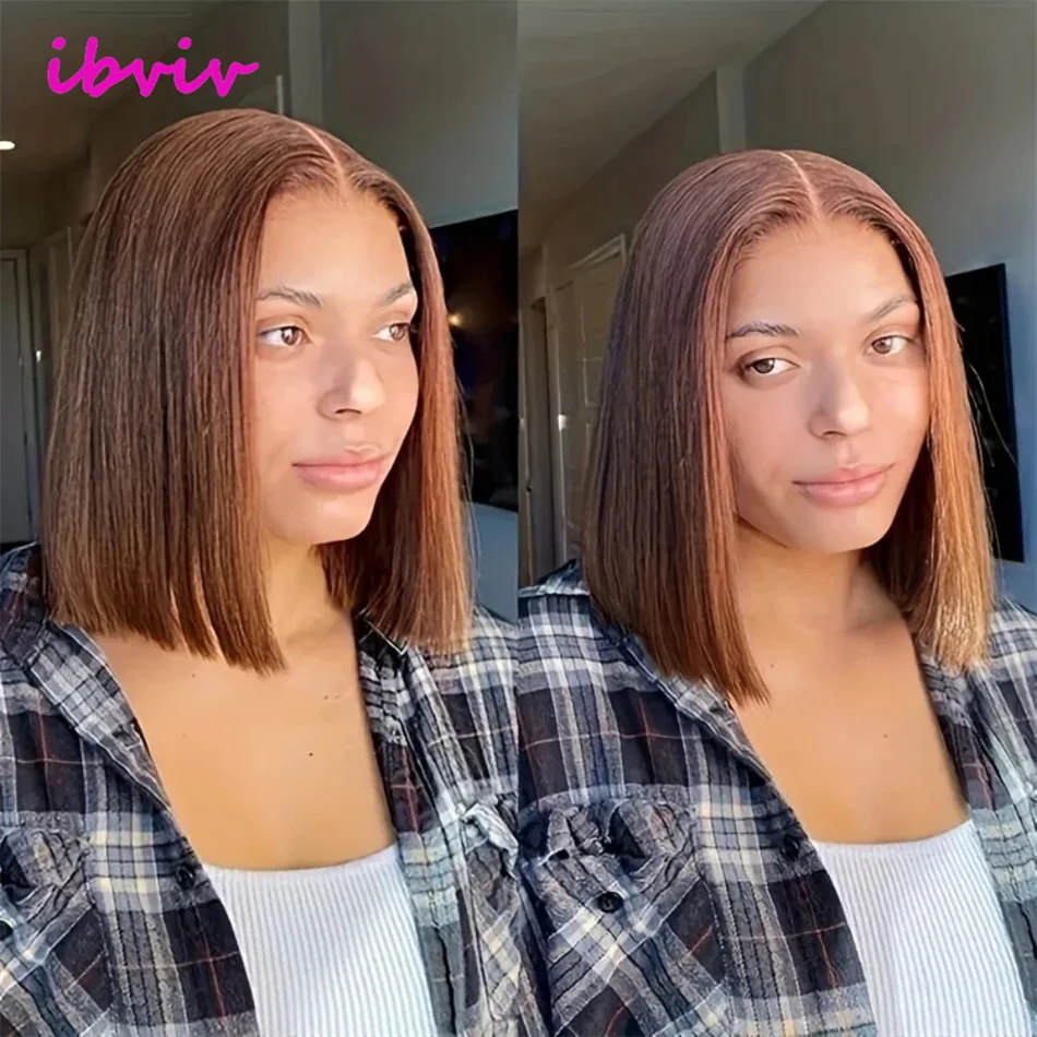 # 4 باروكات بوب قصيرة مستقيمة بنية اللون 13 × 4 باروكات شعر بشري بدانتيل أمامي شفاف 200 كثافة تم قطعه مسبقًا مع شعر أطفال 10-16 بوصة