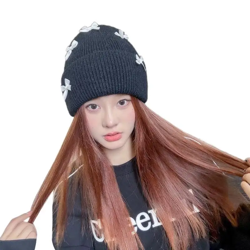 652F المرأة الجمجمة قبعة الوردي الأقواس رصع قبعة كومة بونيه الجمجمة مكبل محبوك قبعة #1