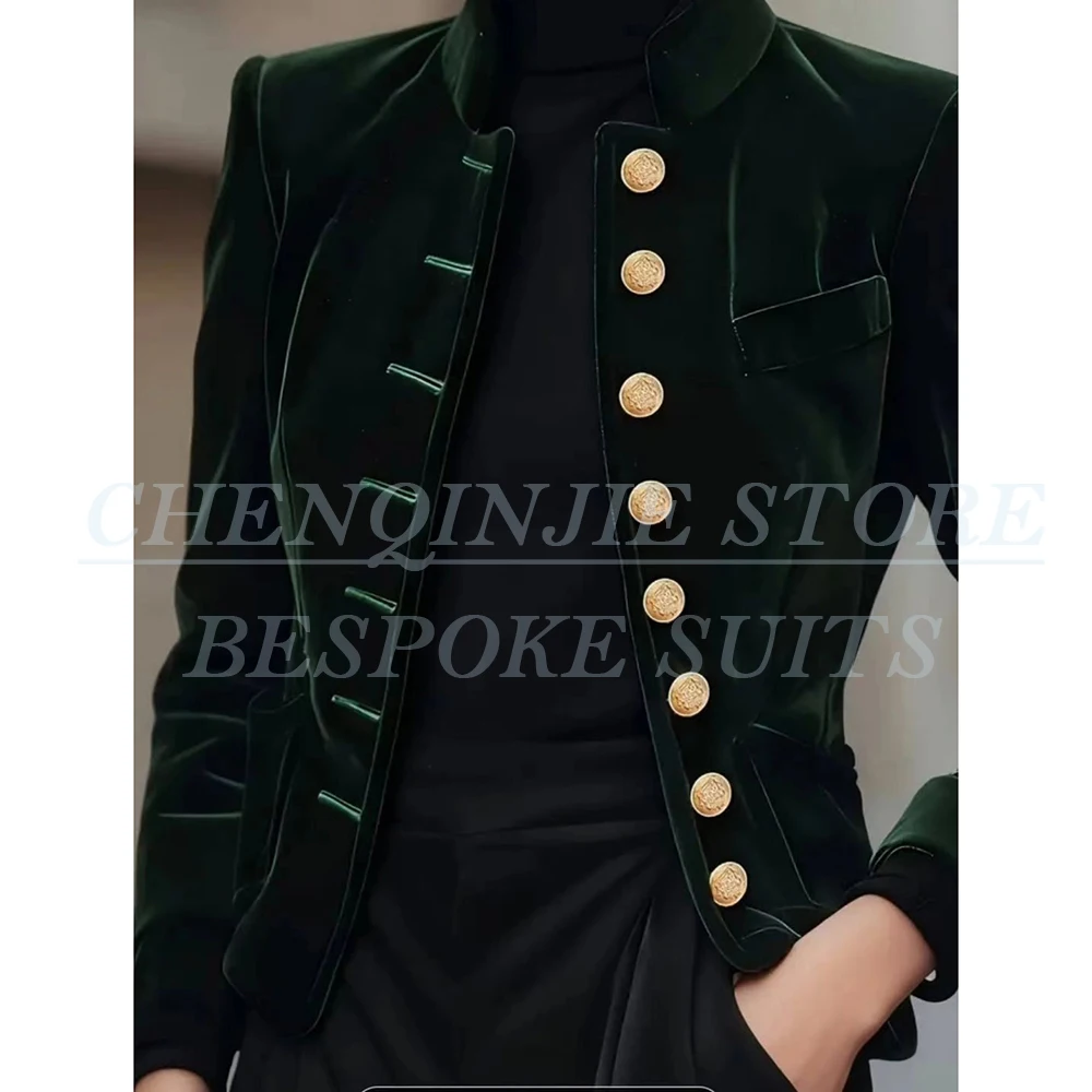

Fashion Women's Suits Green Velvet Single Breasted Stand Lapel Slim Fit 1 Piece Coat Elegant Skinny Female Clothing Daily Outfit