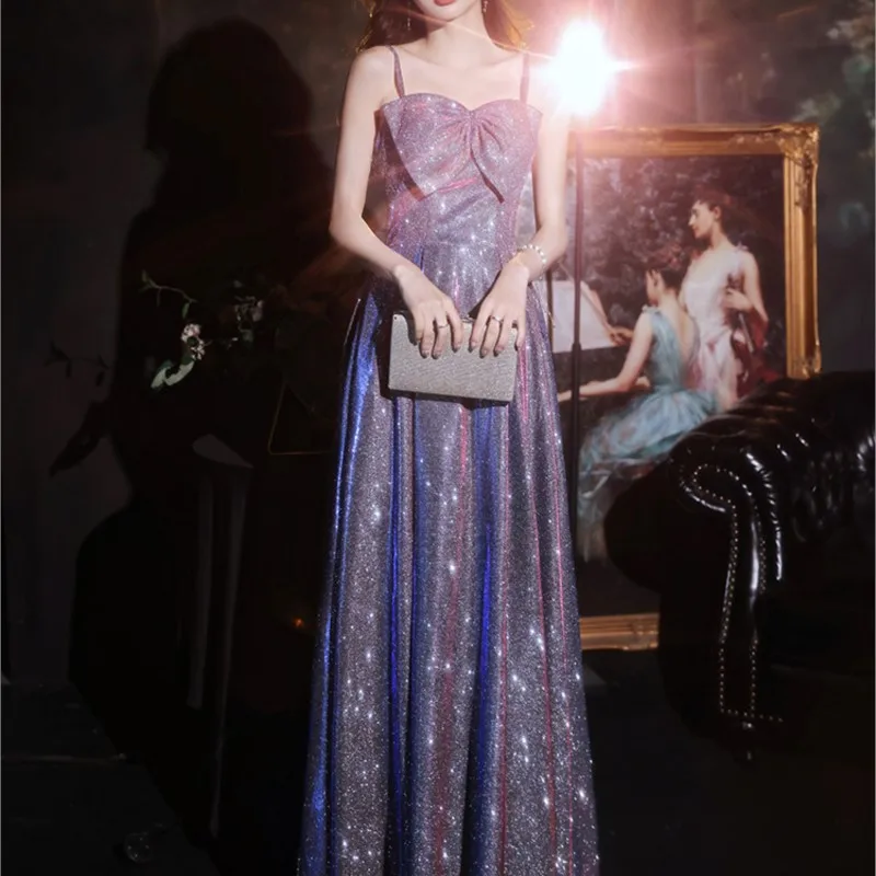 New style of light luxury niche host purple suspender bright flash dress