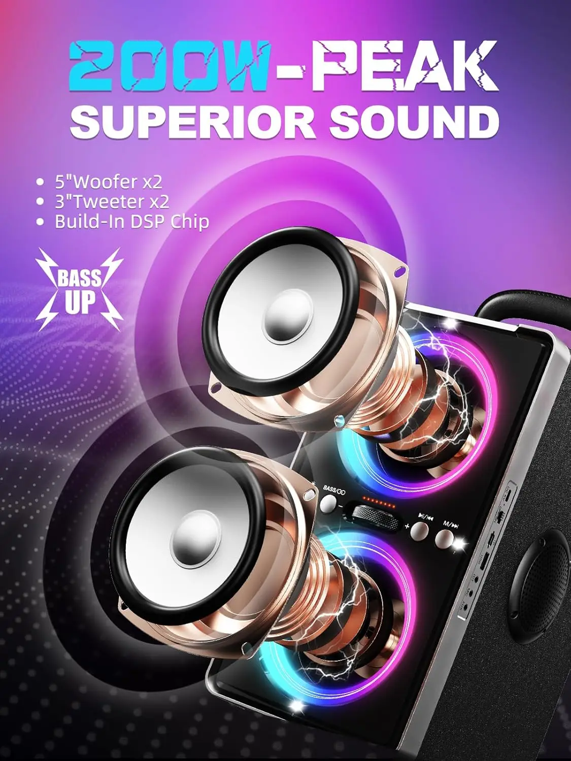 Wireless  speaker 200W peak stereo deep bass 20H playback time TWS fast charging portable handle Boombox RGB  speaker