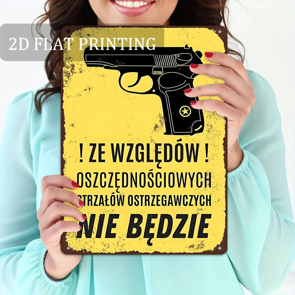 Vintage Metal Tin Sign Polish Handgun Warning Silhouette Text Print Wall Decor For Gun Room Garage Man Cave Wall Art
