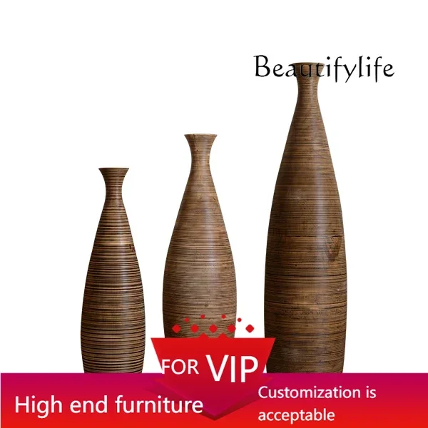 

UP Large solid wood vase floor-to-ceiling ornament South East Asia hotel clubhouse opened large decorative art