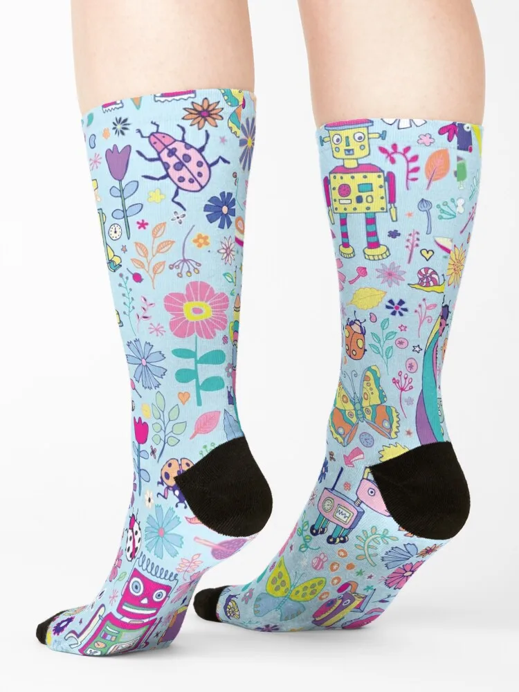 Electric Dreams - fun floral robot pattern by Cecca Designs Socks with print hockey valentine gift ideas Men's Socks Women's