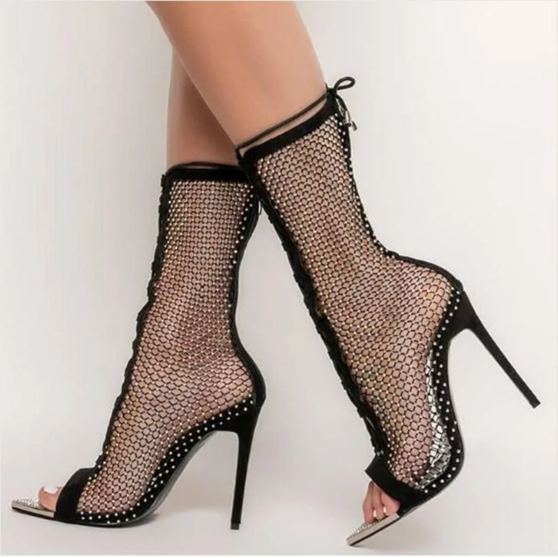 

Black Pointy Toe Net Ankle Boots Crystal Mesh Hollow Out Stiletto Heel Mid Calf Boot Black Suede Lace Up Back Zipper Women Shoes