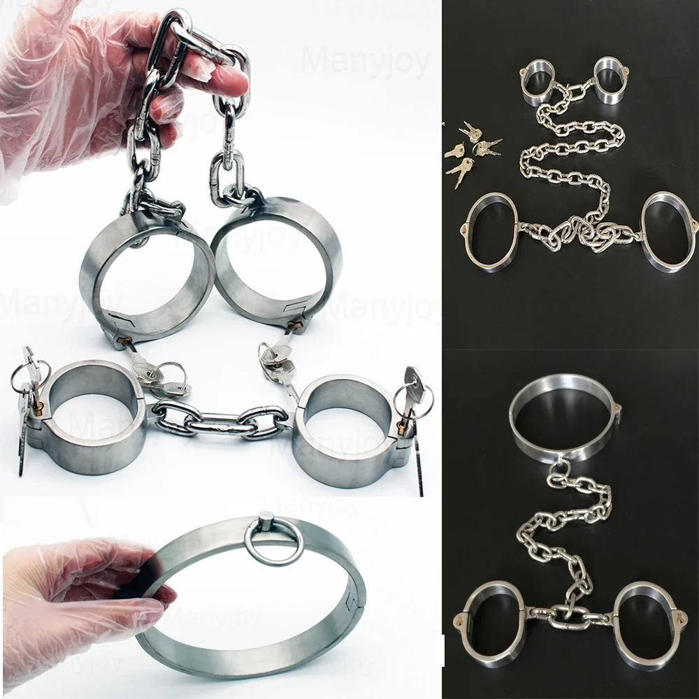 Stainless Steel Wrist Handcuff Ankle Cuffs Shackles Detachable chain Neck Collar SM Restraint Choker Stealth Lock Adult Sex Toys