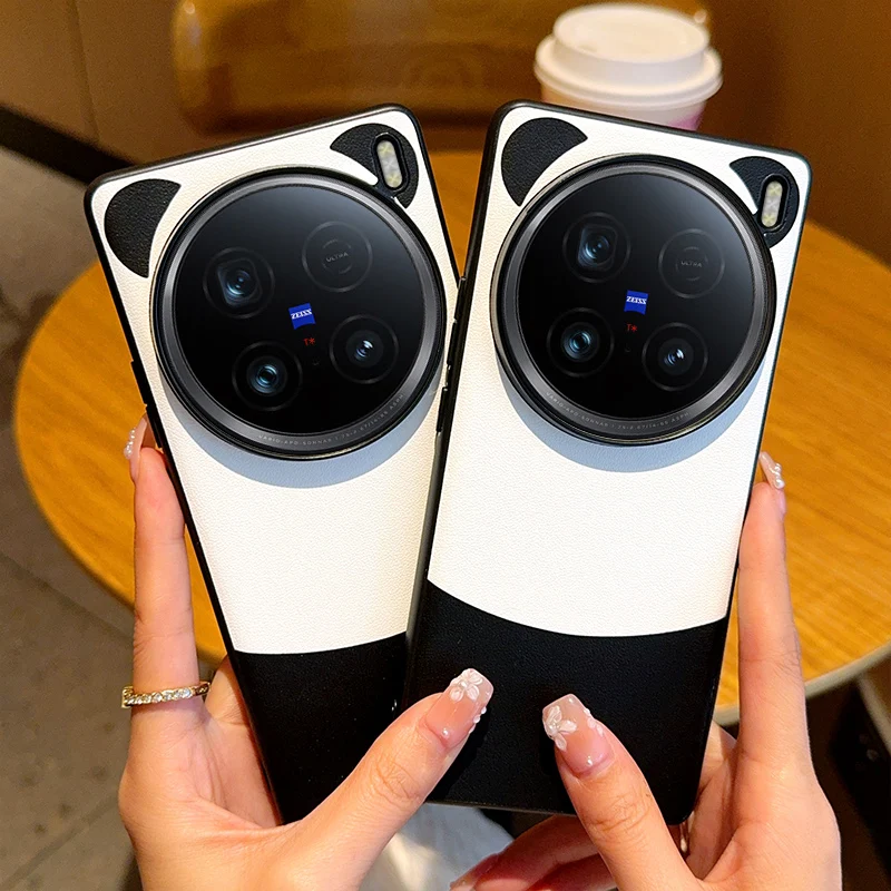 Panda Cartoon For VIVO X100 Ultra Case Color Matching Simple Plain Leather Anti-fall Cover For VIVO X100 X100S Pro Funda