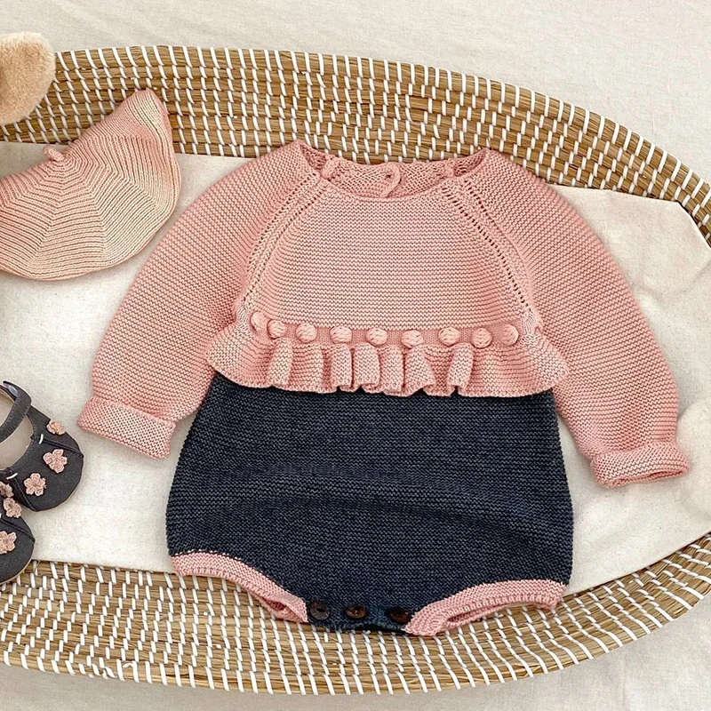 

2025 New Autumn 0-24M Baby Knitted Clothes Newborn Baby Girls Knitted Bodysuits Infant Baby Girls Long Sleeves Jumpsuit