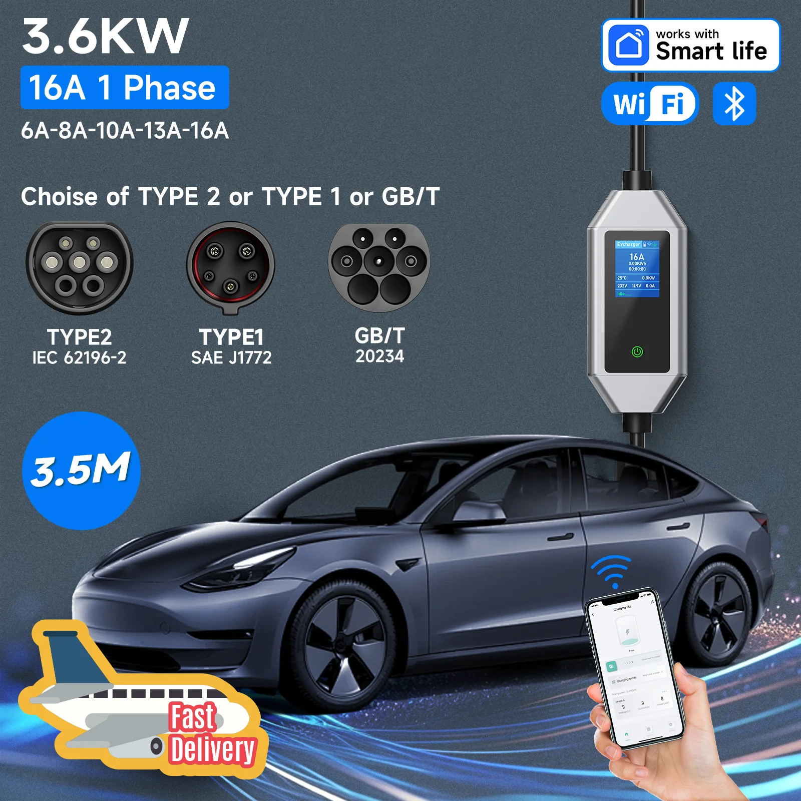 AFEEV Portable EV Charger 3.6KW 16A Type2 IEC62196-2 Electric Car Charger Type1 SAE J1772 GBT Wallbox EU Plug WIFI APP Control