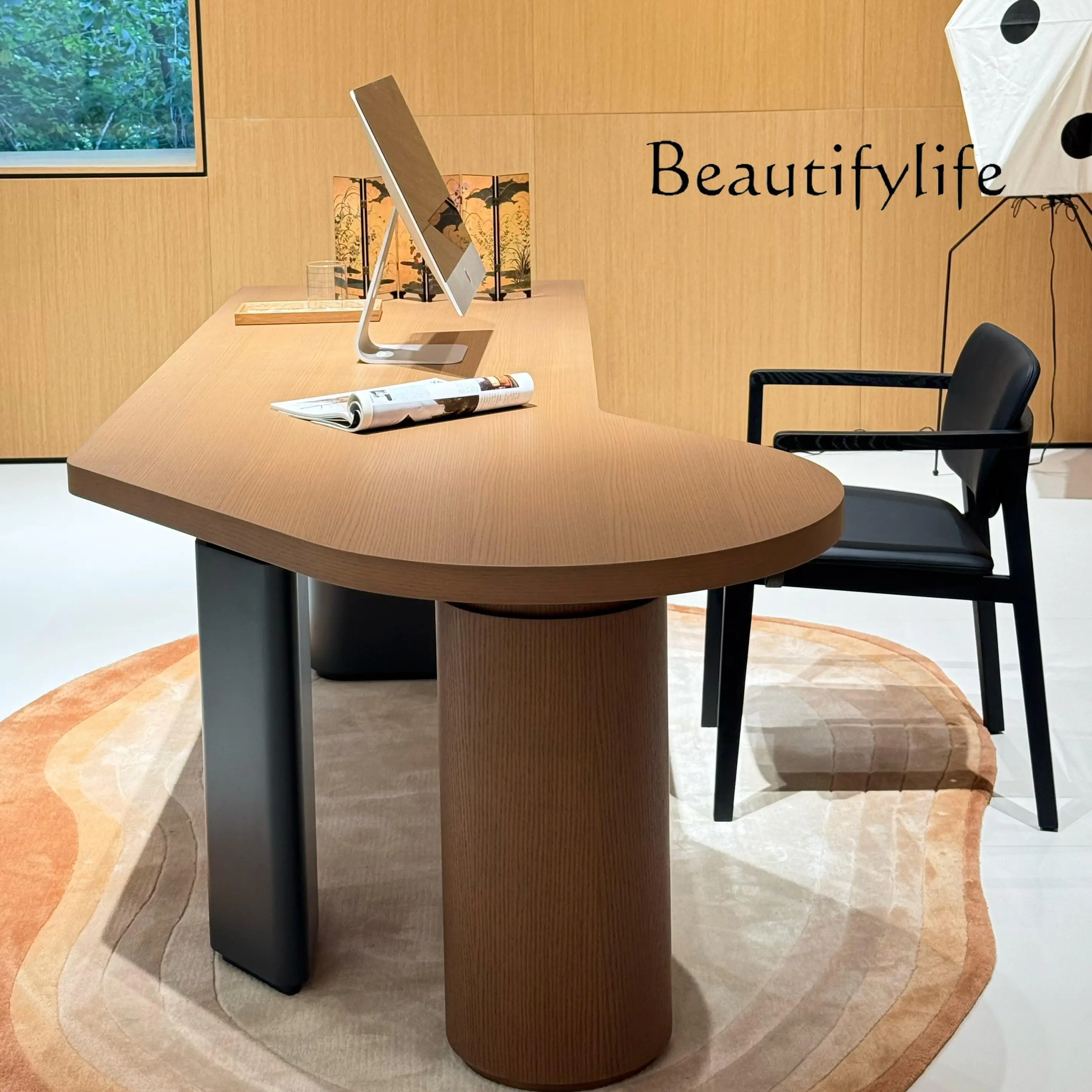 Medieval style special-shaped solid wood desk modern light luxury simple retro wabi sandy wind curved desk