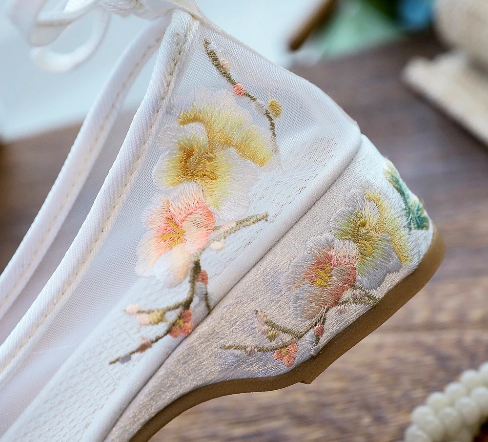 Veowalk Long Ankle Strap Summer Women Gauze Mesh Embroidered Ballet Flats Breathable Comfortable Walking Shoes for Elegant Lady