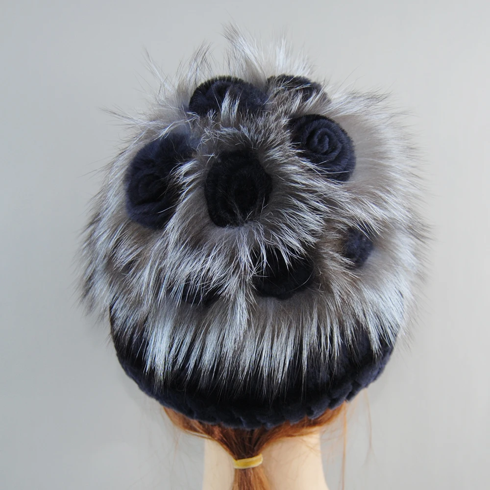 Winter Fur Hat Women Natural Rex Rabbit Fur Hats Elastic Knitted Hat Cap Floral Design Winter Accessories Bonnets Fur Wholesale