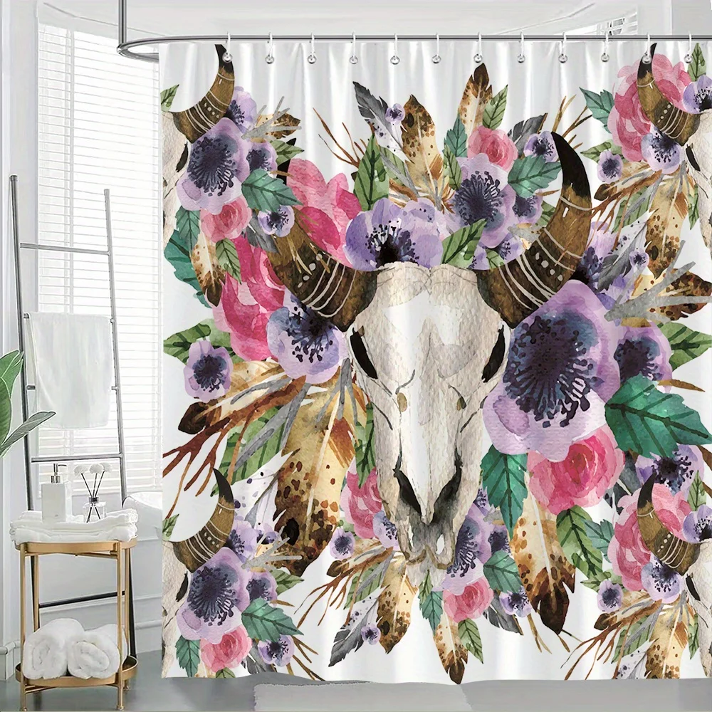 

1 шт. занавеска для душа с цветочным черепом — элегантный акварельный дизайн с яркими цветами и листьями, современный разделитель для ванны из полиэфирной ткани,