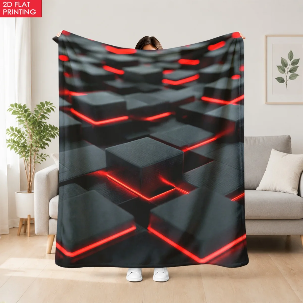 1pc Abstract Black Cubes Red Illumination Lightweight Flannel Hug Blanket - Cozy And Ultra Soft Great for Sofa And Camping Great