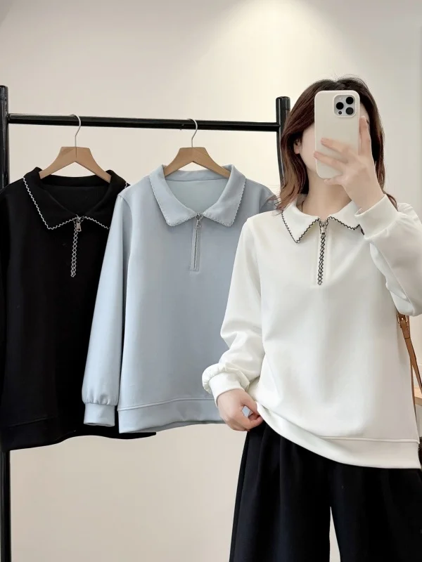 

plus Size Women's Casual Embroidered Color Block Doll Collar Half Zipper Sweatshirt Long Sleeve Slimming Top for Autumn