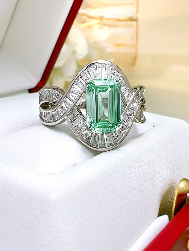 Palaiba green tourmaline ring, emerald cut rock sugar rectangular 925 sterling silver high carbon diamond wedding jewelry image 4