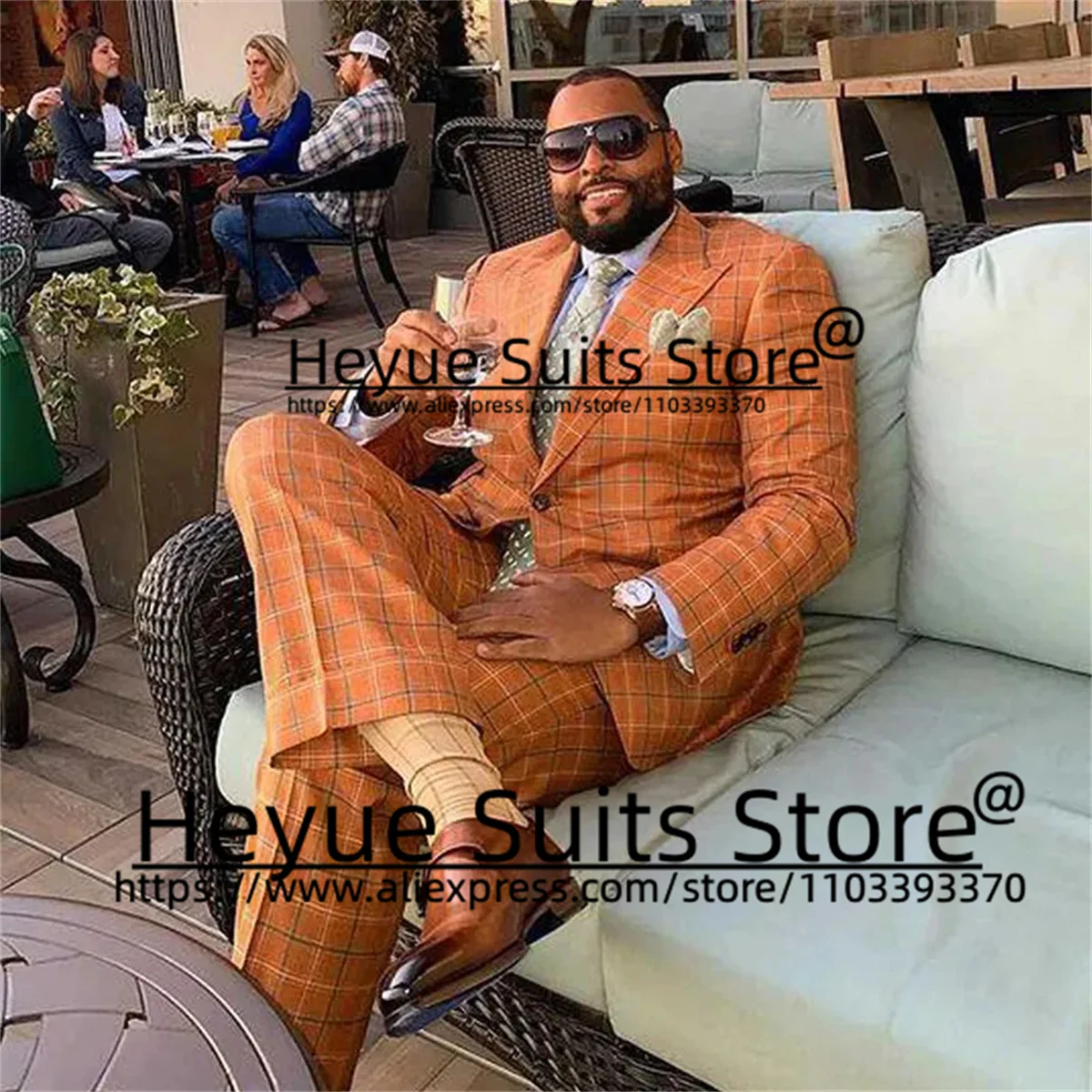 

Large Size Orange Plaid Fashion Men Suits Custome Peak Lapel Groom Formal Tuxedos 2 Pcs Sets Business Male Blazer chaleco hombre