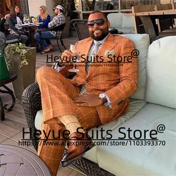 Costumes à carreaux de grande taille pour hommes, smokings formels, blazer masculin d'affaires, revers Patricia personnalisé, marié, orange, mode masculine, ensembles de 2 pièces