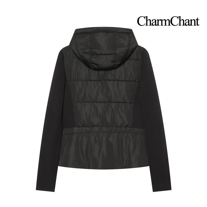 CHARMCHANT Women's Padded Jacket Hooded Drawstring Waist Spliced Long Sleeve Coat Slim Casual Daily Winter Outerwear 2026