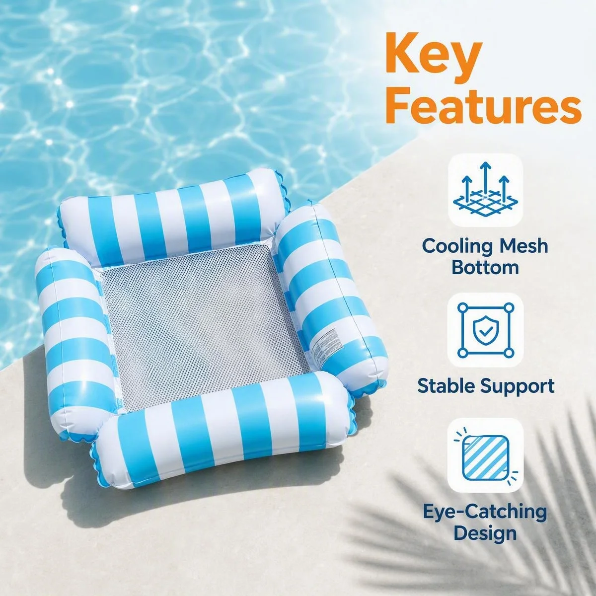 Striped Inflatable Mesh Water Floating Lounge Chair, 4 Float Bar Pool Hammock for Swimming Beach Leisure