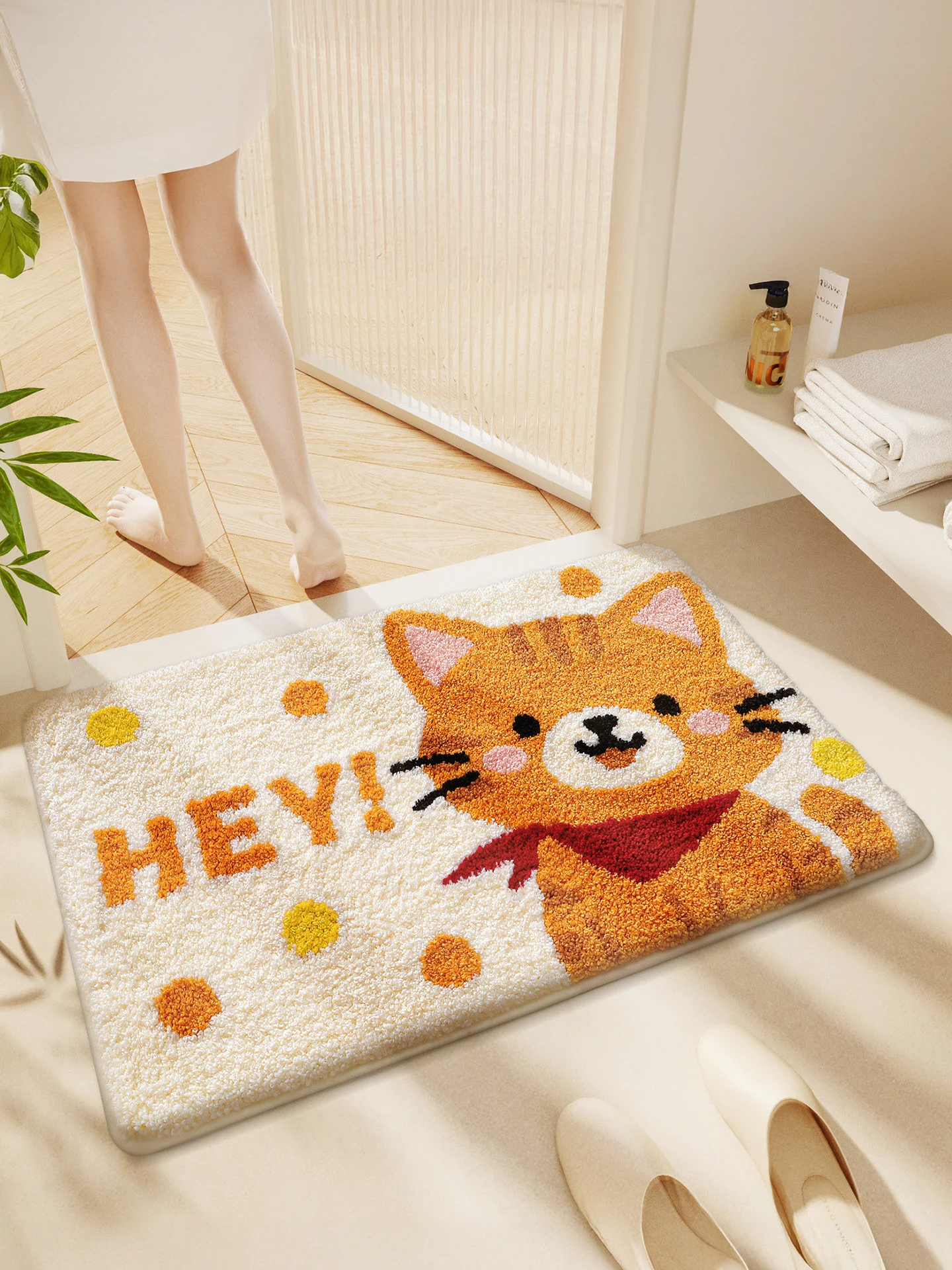 

Absorbent Bathroom Mat Door Mat Cartoon Design Flocking Foot Pad Home Use Bathroom Space Non-Slip Floor Rug