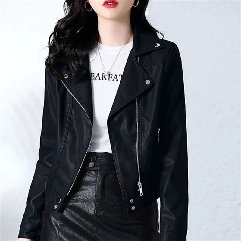 2025 nueva moda chaqueta de cuero suave para mujer primavera otoño corto traje de motocicleta chaqueta con cuello abrigo Casual ajustado Top femenino