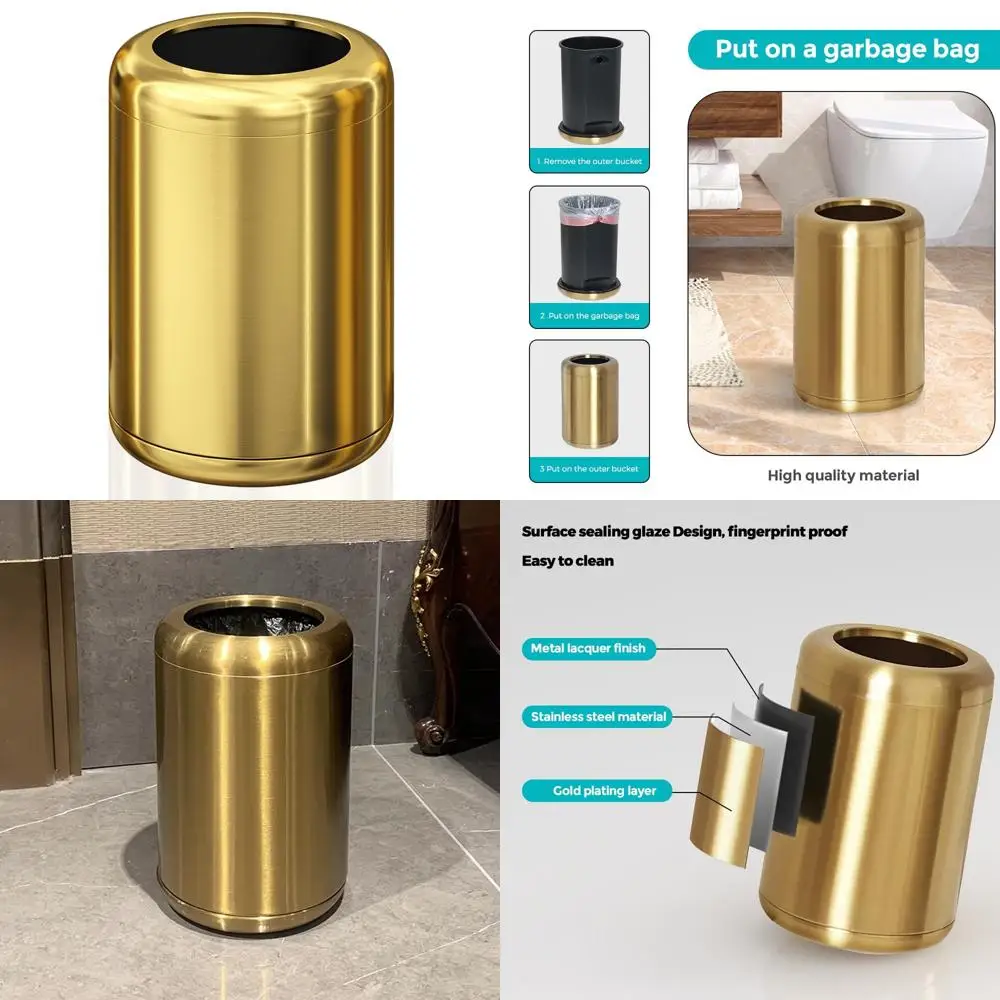 

Antique Brass Bathroom Trash Can, 2.1 Gallon Capacity, Waste Basket for Home, Office, and Hotel Use