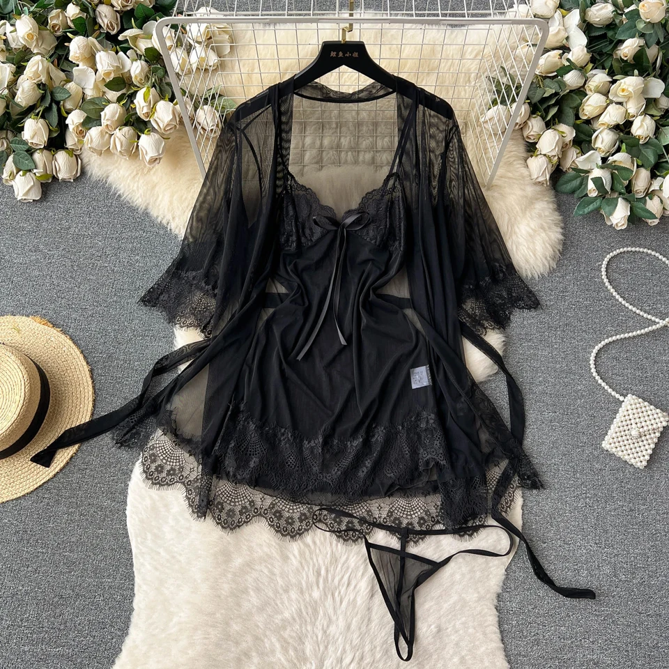 Lace Babydoll Sexy Sleepwear Mesh Bridal Night Dress Mini Chemise Wedding Nightie Nightgown With Robe Lingerie for Women