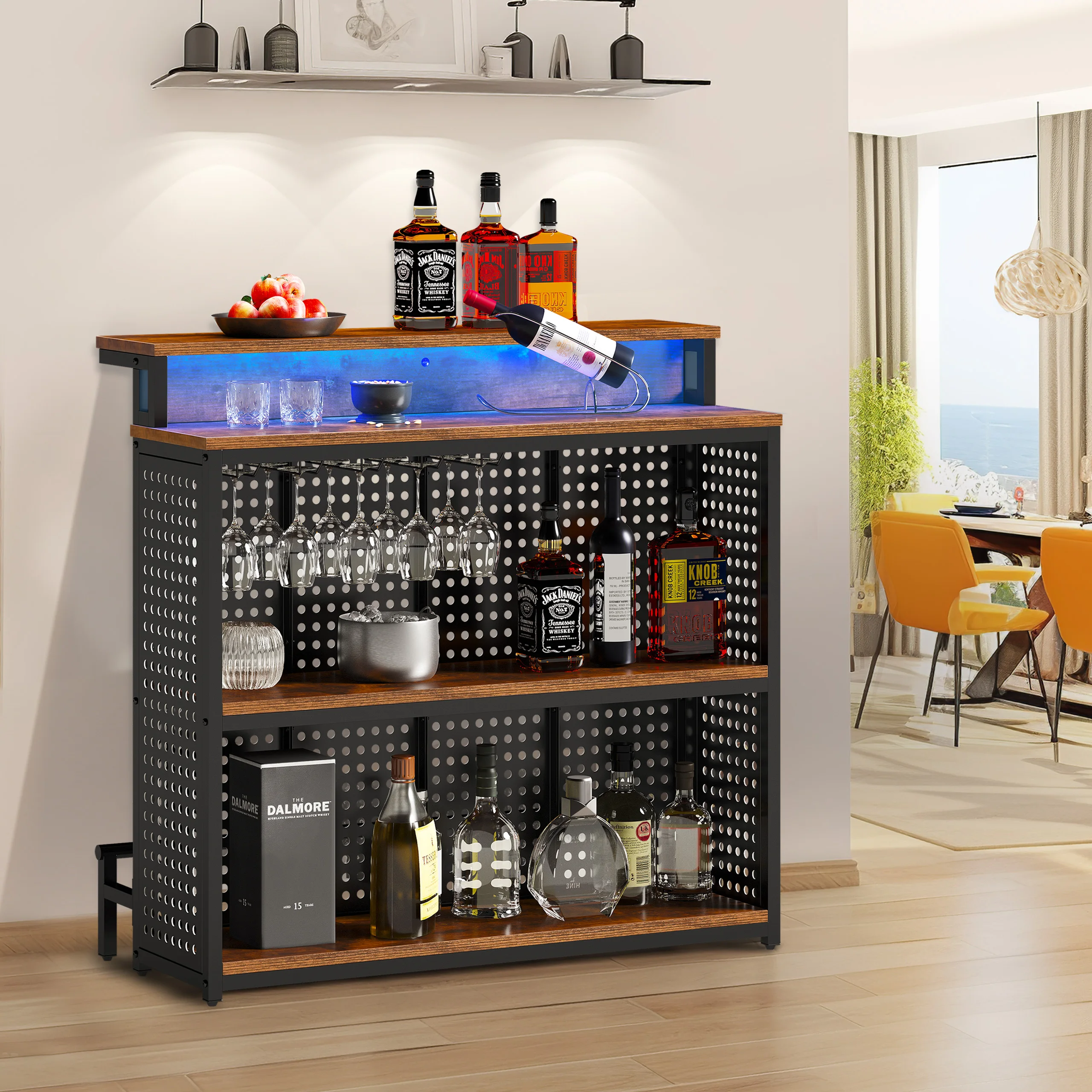 Industrial Home Bar Table Freestanding Wine Cabinet with 4 Tier Storage Shelves